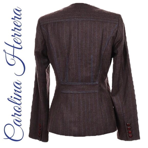 CAROLINA HERRERA Elegant Wool Cashmere Blend 1-Button Pinstriped Blazer, Size 12 - Picture 2 of 9